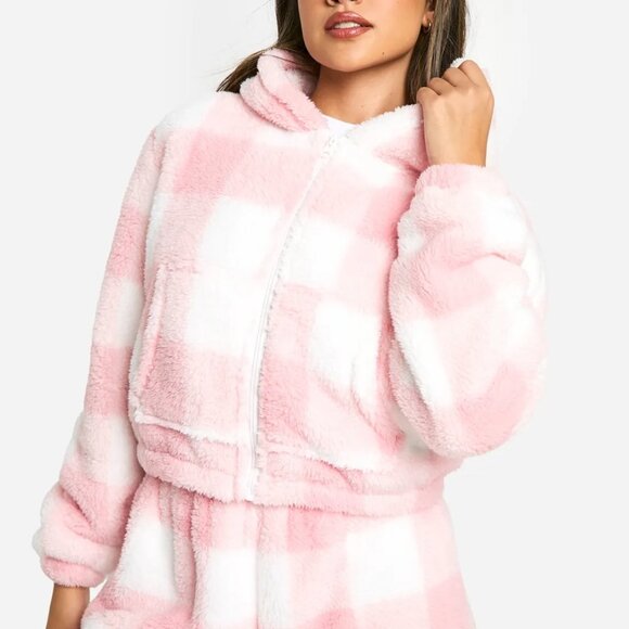 New Boohoo Pink and White Sherpa Teddy Fleece Checkered Zip Jacket Hoodie ONLY - Picture 3 of 4